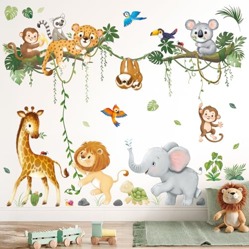 DECOWALL Pegatinas Murales de Animales de la Jungla – Diseño con Jirafa, León, Elefante y Monos para Decoración de Habitación Infantil (SG2-2501)