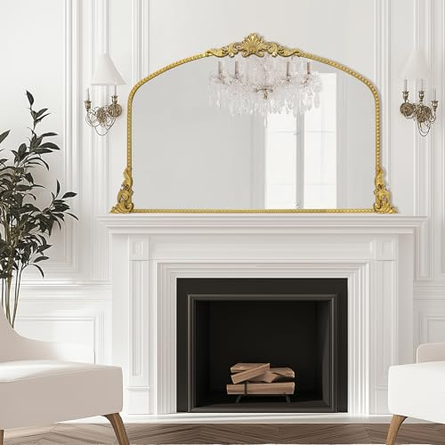 G-LEAF Bogen-Wandspiegel, Antiker Spiegel im Barockstil, 101.6cm x 76.2cm, Metallrahmen mit Perlenverzierung, Großer moderner Spiegel für Eingangsbereich, Badezimmer oder Schlafzimmer, Vintage Gold
