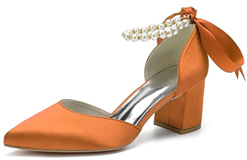 LRMYMHY Donna Tacco A Blocco Scarpe da Sposa Punta A Punta Punta Chiusa Décolleté da Sposa Perla Cinturino alla Caviglia Sandali,Arancia,43 EU
