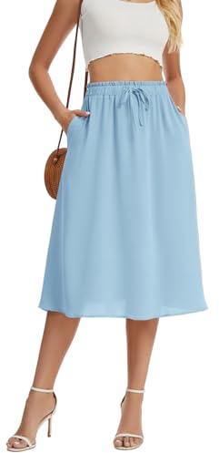 WUWUSKY Women's Skirts Elastic High Waist Flowy Midi Skirt Summer Casual Elasticated A Line Skirts with Pockets,Light Blue,XL