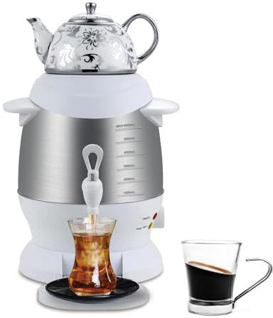 1 800 W elektrisk turkisk tebryggare, 5 L samovar i rostfritt stål med 1 l keramisk kruka, automatisk avstängning och håller värmen, snabb bryggning för hemmakontor