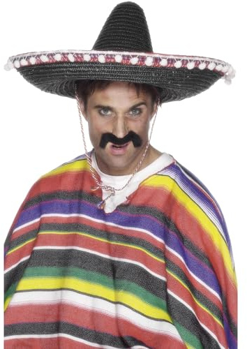 Smiffys Sombrero Strohhut, Schwarz, mit Bommeln und Halskordel Halloween