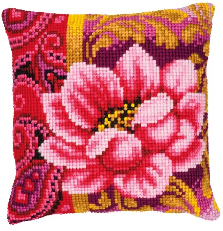 Vervaco Kreuzstich Stickpackungen Kissen Stickerei Set Anfänger Vorgedruckt Rosa Pracht DIY Set Kreativ Set Für Erwachsene Dekoratives Kissen ca. 40 x 40 cm Bastelset Handwerker Haus Dekoration