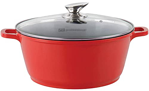 SQ Professional NEA Die-Cast Aluminium Stockpot 3-Layer Non-Stick Coating Stew Pots Induction Casserole Pan Tempered Glass Lid with Steam Vent (Red, 32cm)