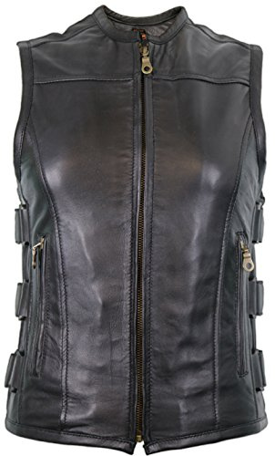 MDM Chaleco de piel ajustado para mujer de suave piel de cordero, Negro , 3XL