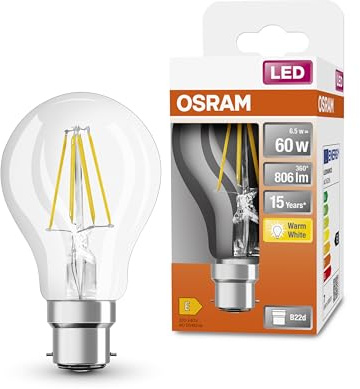 OSRAM Lámpara LED Classic A60 de Star LED de para base B22D, forma de pera, aspecto de filamento, 806 lúmenes, blanco cálido (2700k), reemplazo de bombillas convencionales de 60W, 1 paquete