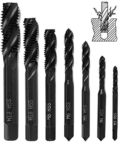 7 Stück Gewindebohrer Set, HSS 6542 Nitrieren Metrisch Spiralnutbohrer Maschinengewindebohrer Gewindebohrer Satz M3 M4 M5 M6 M8 M10 M12 für Metall Holz Bohrer