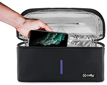 Celly Universell UV-strålad steriliseringsmaskin (certifieringar), desinfektionspåse med UV-C-strålar för smartphones och tillbehör, surfplattor upp till 8 tum, klockor, masker, handskar.