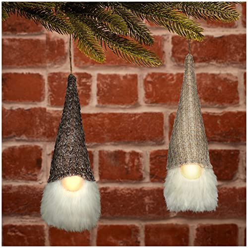 com-four® 2X LED Zwerg mit Nase und Bart - skandinavischer Zwerg mit Zipfelmütze - schwedischer Weihnachtsmann zum aufhängen [Auswahl variiert] (2 Stück - beige, braun/gehäkelt)