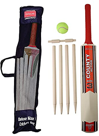DIVCHI Kids Cricket Set Rubber Grip Wooden Bat With 4 Stumps & And Soft Ball In Mesh Carry Bag (Size 3, Age - 8-11 Years)