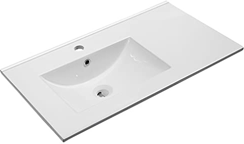 baanio - Lavabo Encimera Cerámico Blanco | Seno DESPLAZADO Izquierda Rectangular | Pila Lavamanos 91x46 cm | Compatible con Mueble de Baño 90x45 cm, con Rebosadero, con Orificio Grifo