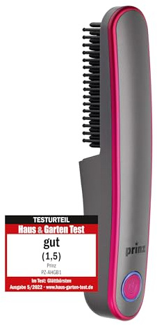 Prinz Akku-Haarglättbürste PZ-AHGB1 – kabellose Ionen-Glättbürste 2-in-1 (Bürsten & Glätten), Keramikborsten, ca. 40 Min, Li-Ion 2500 mAh, inkl. USB-Ladekabel & Tasche