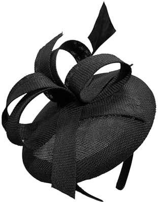 Caprilite Sinamay tyg pillerlåda hatt pannband abstrakta öglor struktur en lång fjäder fascinator Ascot Hatinator tävlingar Storbritannien (svart)