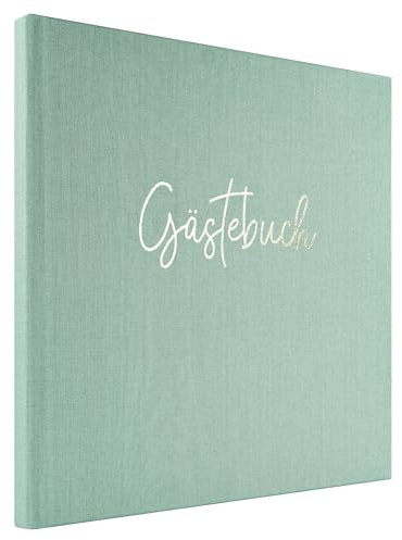 DeinWeddingshop Gästebuch zur Hochzeit mit Fragen - Leinen-Bezug mit Prägung | Edles Hochzeitsgästebuch | 104 Seiten - 50 Eintragungen | Hardcover 21x21cm | Mint Grün