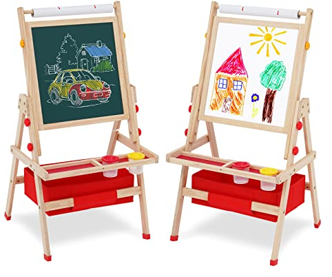 HOMCENT Kindertafel aus Holz mit Papierrollenhalter für Kinder, Doppelseitige Drehbare Kunst Staffelei für Jungen Mädchen, Staffelei Holz Kinder mit Whiteboard, Tafel