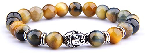 8 mm kungligt blå tigeröga armband män silverfärg Buddha huvud berlock armband kvinnor amulett Vinatge gul sten pärlor pulsera, dröm tiger - 2,23 cm