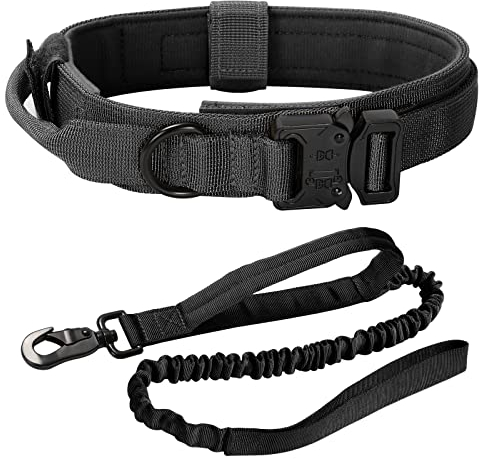 Hundehalsband Taktisch Einstellbar mit Hundeleine und Kontrollgriff, Hundehalsbänder für Mittlere Bis Große Hunde Jagd Training Freizeit Outdoor (Schwarz M)
