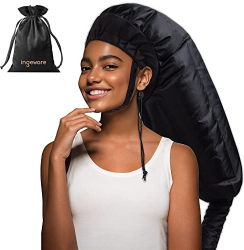 Ingeware Bonnet Hair Dryer Attachment for Women: Extra Large Adjustable Deep Conditioning Cap Drying Heat Cap for Natural Curly Hair, Home Use (Black)