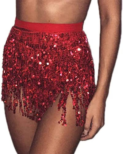 ORANDESIGNE Sexy Bauchtanz Kostüm Damen Fransen Pailletten Rock Hüfte Quaste Hüfttuch Funkeln Wrap Rave Kostüm A Rot Einheitsgröße