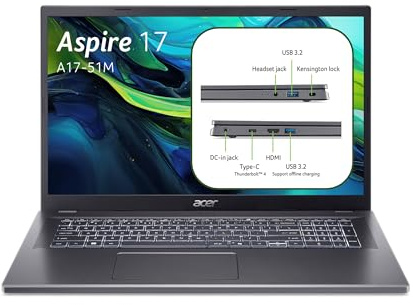 Acer Aspire 17 I PC Portable 17.3 FHD LCD 60 Hz I Intel Core i5-1334U (13è gén.) I 16Go RAM DDR5 I 512Go SSD I Intel XE Graphics I Windows 11 Home I Gris I Clavier FR AZERTY I A17-51M-51CV