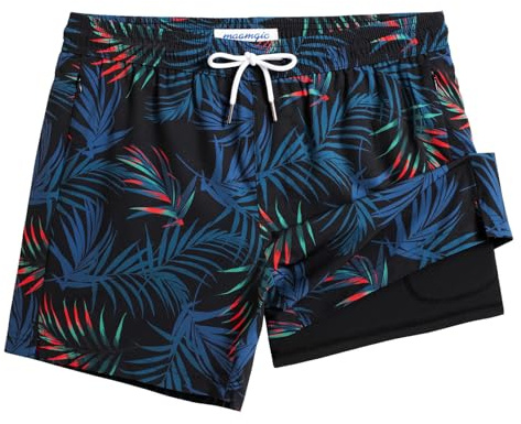 maamgic 5 Mens Swim Shorts with Compression Liner 4-Way Stretch Bathing Suit Swimming Shorts with Pockets,5.5 Black Palm,L