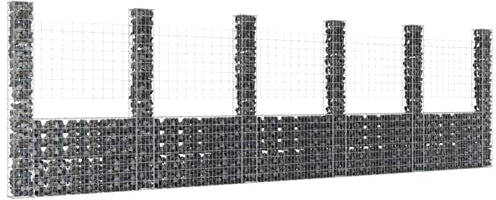 Keketa U-shape Gabion Basket with 6 Posts, Metal Gabion Cage, Decor Fence Panel for Outdoor Garden, Patio and Terrace Gabion Wall Wire Fence Fencing Barrier Iron 620x20x200 cm
