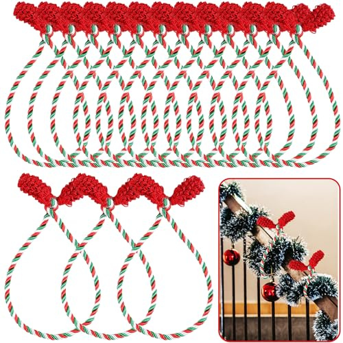 DIYASY Decorative Garland Ties for Stairs, 12 Pcs Red Green White Christmas Twist Ties Banister Wraps Railing Holder Reusable & Flexible Home Decorations, DIYASY-US-DK550S4P1