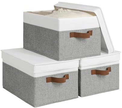 StorageWorks Decorative Storage Boxes with PU Handles, Storage Bins with Lids, Foldable Storage Baskets for Closet, Shelves, Stackable, Gray and White, 3-Pack