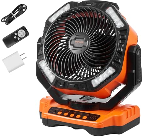 VEVOR Ventilateur Portable USB Rechargeable 334 mm avec Télécommande Lumières LED Minuterie Ventilateur de Bureau Alimenté par Batterie Silencieux Pivotant 4 Vitesses pour Chambre à Coucher, Voyage
