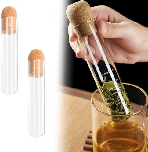 2 Piezas Filtro de Té Vidrio, Colador de Té de Cristal Clear, Infusor de Té Tubo Reutilizable con Corcho Infusionador para Teteras Infusores de Té Para Té Suelto Infusor de té Microperforado