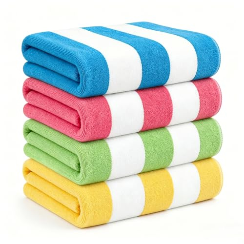 Whale Flotilla 4 Pack Microfibre Large Quick Dry Beach Towels, Sand Free Bath Travel Pool Towel Lightweight and Absorbent, Striped (Red/Yellow/Blue/Green), 76 x 152 cm