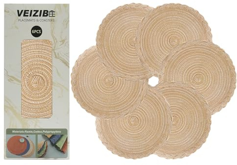 Tischmatten Hitzebeständige geflochtene Tischsets Spitze Mahlzeit Matte Waschbare Anti Rutsch Runde Platzmatten für Küche, Hand gewebte Stoff Tischmatten von Ramie (6PCS-HB-khaki-38cm)