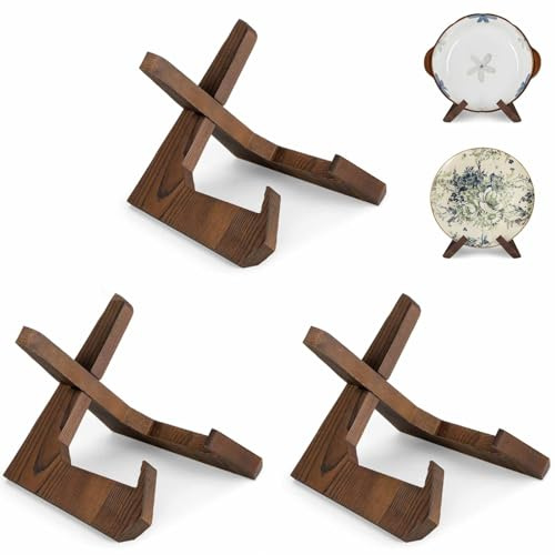 ANBOXIT Skålstativ för skärm, 3-pack 6,5 tum tallrikshållare, ramhållare av trä, displaystativ för stora djupa fat och diskar, 23 x 20 x 16,7 cm (för skålar under 12,7 cm i djup)