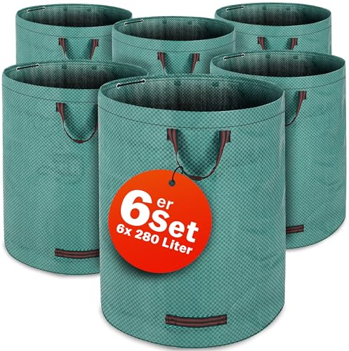 GARDEBRUK® Gartenabfallsack 6x280 Liter 50 kg Belastbarkeit doppelte Nähte 3 stabile Griffe robust abwaschbar Garten Rasensack Gartentasche Laubsack