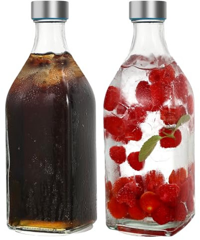 LIMILI Bottiglie di vetro, 1 litro, con coperchi in acciaio inox, a prova di perdite, riutilizzabili, per bevande calde e fredde, feste, casa, cucina (2 pezzi)