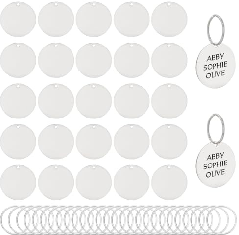 BENECREAT 30Pcs Runde Prägung Rohlinge mit Loch Blanko-Hundemarken, 304 Edelstahl poliert Blanko-Etiketten für Gravur mit Schlüsselringen für Halskette Haustier Tags Schmuck machen