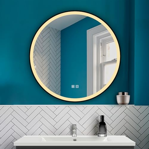 HAPAOSO LED Spiegel mit Beleuchtung Rund 80cm Badezimmerspiegel mit Beschlagfrei Wandspiegel mit Touch- und Wandschalter 3 Lichtfarbe dimmbar Speicherfunktion