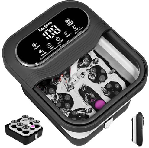 Ranjova Folding Foot Spa with Rotating Electric Massage, Foot Bath with Heat, Bubbles, Temperature Control and 24 Motorized Shiatsu Massage Balls
