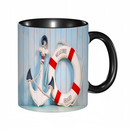 reyawdf Original Tasse mit lustigem Design,Anker und Rettungsring auf einem Hintergrund aus weißen schäbigen Wand,330ml, für Kaffee- und Teeliebhaber, als Geschenk für Weihnachten, Geburtstag und mehr