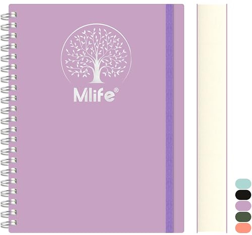 Mlife Notebook A5 fodrad, 300 sidor Spiral Notebook, inbunden PVC med Tree of Life-tryck, 100g/M² bläcksäkert papper, expanderbara fickor, resårband, för kvinnor, män, 14,5 * 21 cm - Purpur