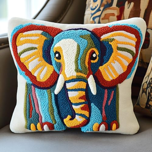 AMBATTERY Kreuzstich Kissen Vorgedruckt, Cartoon-Elefant Stickkissen mit Muster 45X45cm Kreuzstichkissen Zum Dekorieren Kissenbezug Zum Besticken Kreuzstich Diy Handarbeit Kissen Set
