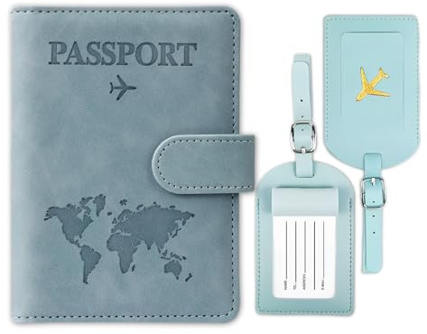 YUNPYCHY Reisepasshülle, Reisepass Organizer, Passport Cover, PU-Leder Reisepasshülle + 2PCS Kofferanhänger, für Damen und Herren Urlaub Zubehör Travel Essentials (Blue)
