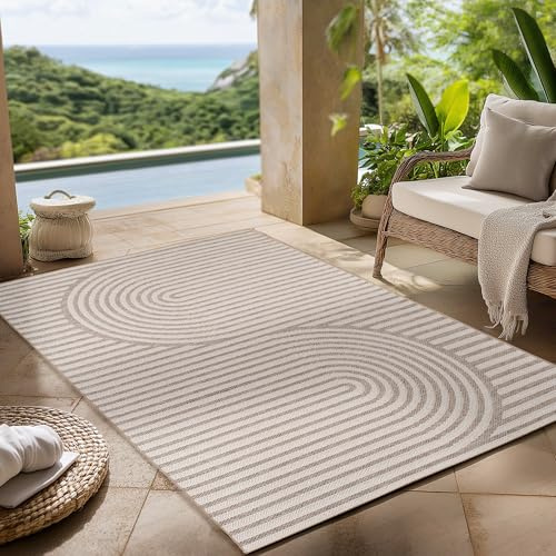 Carpettex Outdoor Teppich wetterfest Beige 140x200 cm, UV-beständig, ideal für Küche, Balkon, Terrasse, Garten auch Wohnzimmer und Esszimmer, Skandinavisches Boho-Design