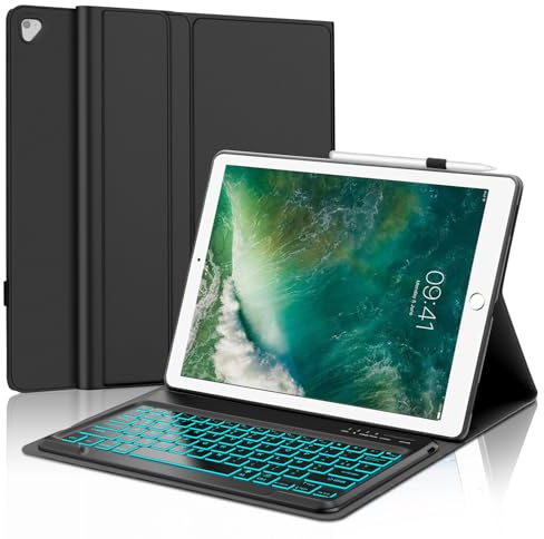 FOGARI Tangentbord för iPad Pro 12.9 2017/2015, tangentbord för iPad Pro 12.9 1/2:a generationen, 7 färger avtagbart franskt azerty-tangentbord, svart