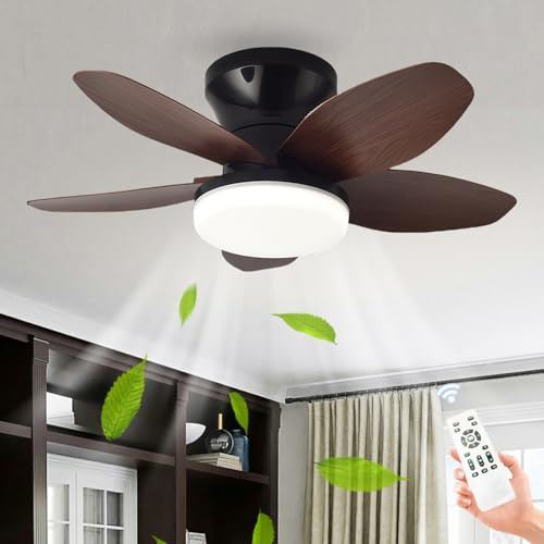 LASANYA Ventilateur de Plafond avec Télécommande avec Éclairage Salon Dimmable Silencieux Luminaire Ventilateur Plafonnier À 5 Pales Moteur DC Lampe Ventilateur de Chambre, Réversible-Black-Wood-65CM