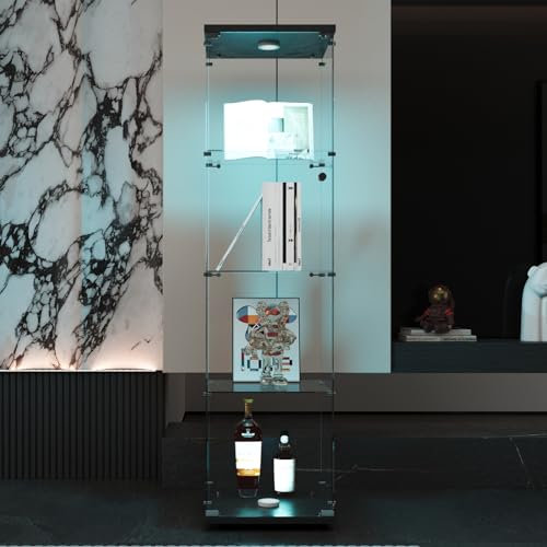 ZHDOKA Vitrinenschrank mit Glas, Sammlervitrine Led Beleuchtung mit 1 Türen 4 Fächern, Modern Glas Vitrine Vitrinenschrank für Sammlerstücke Bücher Wein, für Büro Wohnzimmer Küche(43 x 36 x 164cm)