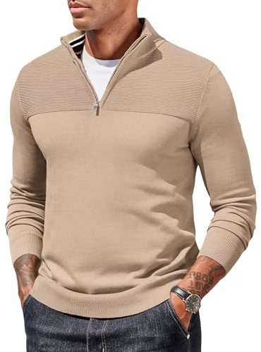 COOFANDY Maglione da Uomo 1/4 Zip Casual Maglione con Zip Invernale Maglioni a Maniche Lunghe con Collo Alto Pullover Sweater Kaki XL
