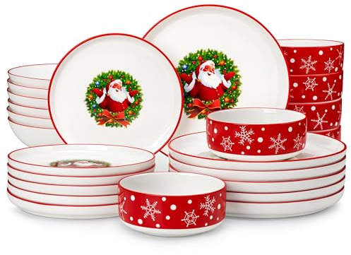 MALACASA Service Vaisselle Noel, 24 Pièces Assiette de Noel Porcelaine, Rouge avec un Motif de Père Noël, Décorations et Cadeaux de Noël
