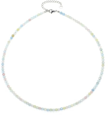 LAKADA Morganit Edelsteinkette mit facettierten 4mm Perlen - echte Natursteine - Länge verstellbar - Heilstein Schutzstein Edelstein Collier Glücksbringer Talisman Geschenk (Morganit, 45, S)
