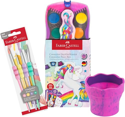 Faber-Castell 125030 - Farbkasten Connector mit 12 Farben, inklusive Deckweiß (3-teiliges Set Einhorn)